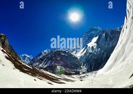 Machapuchare Holy Mountain, Fish Tail, Trek zum Annapurna Base Camp, Annapurna Conservation Area, Annapurna Range, Himalaya Mountain Range, Nepal, Asien Stockfoto