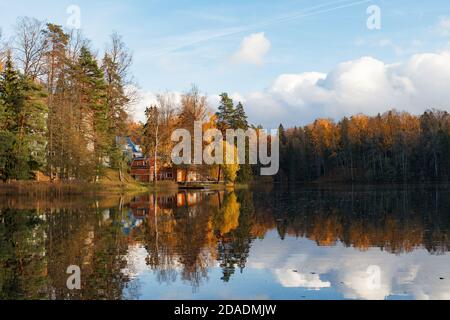 Herbstzeit helle Farben rund um den See im Wald. Nelijarve, Estland. Stockfoto