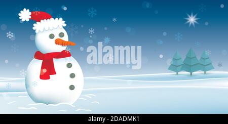 Vektordarstellung eines Schneemanns in einer verschneiten Landschaft. Stock Vektor