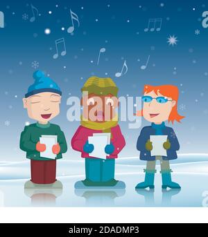 Illustration von drei Kindern, die in einer verschneiten Landschaft singen. Stock Vektor