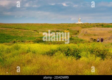 POINTE DU RAZ, BRETAGNE, FRANKREICH: Pfad an der Spitze des Kap Raz, wo die Büsche blühen. Stockfoto