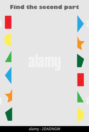 Finden Sie den zweiten Teil der verschiedenen bunten geometrischen Formen für Kinder, Spaß Bildung Spiel für Kinder, Vorschulaktivität, Vektor-Illustration Stock Vektor