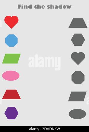 Finden Sie das Schattenspiel mit Bildern geometrische Formen für Kinder, Bildung Spiel für Kinder, Vorschule Arbeitsblatt Aktivität, Aufgabe für die Entwicklung von Stock Vektor