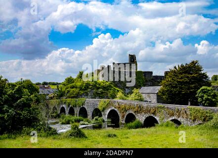 Der Fluss Funcheon fließt unter der Glanworth Bridge in Richtung Glanworth Castle Stockfoto