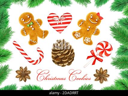 Vintage Satz von Weihnachtsdekorationen Aquarell Illustration Stockfoto