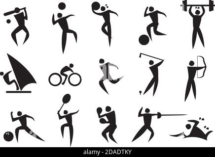 Ikone des Sportmanns in den verschiedenen Aktivitäten. Vektorgrafik. Stock Vektor