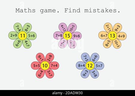 Mathe-Spiel mit Blumen für Kinder, finden Fehler, was falsch, Bildung Spiel für Kinder, Vorschule Arbeitsblatt Aktivität, Aufgabe für die Entwicklung von Stock Vektor