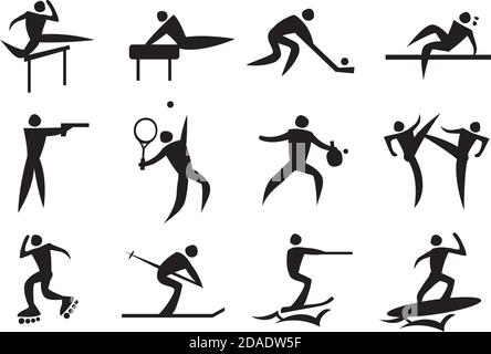 Ikone des Sportmanns in den verschiedenen Aktivitäten. Vektorgrafik. Stock Vektor