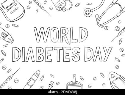 World Diabetes Day Flat Lay Doodle Konzept. Schwarz-Weiß-Vektorgrafik, Draufsicht Stock Vektor