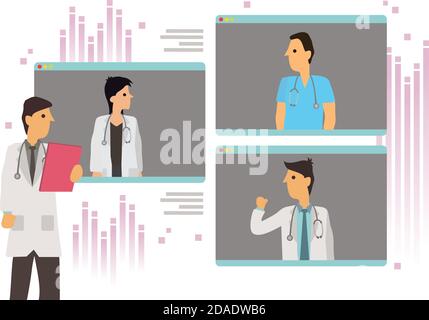 Videokonferenz mit Kollegen verschiedener Ärzte. Online-Beratung Diskussion mit Hausarzt oder Ärzte, medizinisches Personal in Webcam-Konferenz mit Stock Vektor