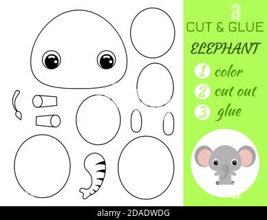 Einfache pädagogische Spiel Färbung Seite geschnitten und kleben sitzende Baby Elefant für Kinder. Pädagogische Papier Spiel für Vorschulkinder. Farbe, Schnittteile und Stock Vektor