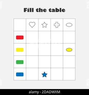 Füllen Sie die Tabelle mit bunten geometrischen Formen für Kinder, Spaß Bildung Spiel für Kinder, Vorschule Arbeitsblatt Aktivität, Aufgabe für die Entwicklung von Stock Vektor