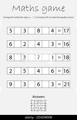 Mathematik Spiel für Kinder, finden Sie eine Lösung, Bildung Spiel für Kinder, Schule Arbeitsblatt Aktivität, Aufgabe für die Entwicklung des logischen Denkens Stock Vektor