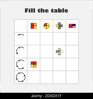 Füllen Sie die Tabelle mit bunten geometrischen Formen für Kinder, drehen Sie die Formen, Spaß Bildung Spiel für Kinder, Vorschule Arbeitsblatt Aktivität, Aufgabe für die Stock Vektor