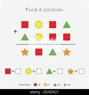 Mathematik Spiel mit Bildern geometrische Formen für Kinder, finden Sie eine Lösung, Bildung Spiel für Kinder, Schule Arbeitsblatt Aktivität, Aufgabe für die Stock Vektor