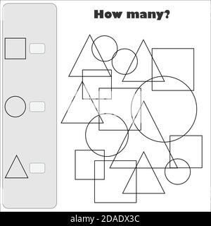 Wie viele Zählspiel mit einfachen geometrischen Formen für Kinder, pädagogische mathematische Aufgabe für die Entwicklung des logischen Denkens, Vorschule Arbeitsblatt Stock Vektor