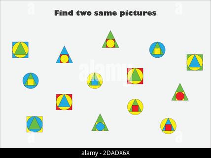 Finden Sie zwei identische Bilder, Spaß Bildung Spiel mit bunten geometrischen Formen für Kinder, Vorschule Arbeitsblatt Aktivität für Kinder,, Aufgabe für die Stock Vektor