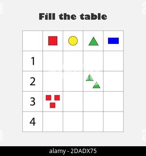 Füllen Sie die Tabelle mit bunten geometrischen Formen für Kinder, zählen und zeichnen, Spaß Bildung Spiel für Kinder, Vorschule Arbeitsblatt Aktivität, Aufgabe für die Stock Vektor