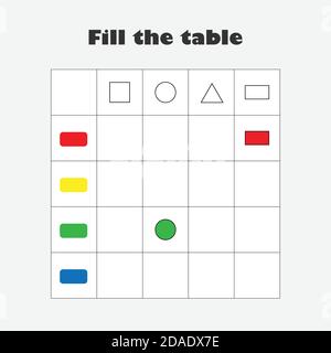 Füllen Sie die Tabelle mit bunten geometrischen Formen für Kinder, Spaß Bildung Spiel für Kinder, Vorschule Arbeitsblatt Aktivität, Aufgabe für die Entwicklung von Stock Vektor