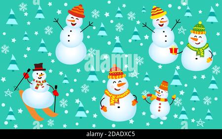 Wintermuster mit Schneemännern, Schneeflocken und weihnachtsbäumen. Familie Schneemann auf grünem Hintergrund. Vektor Nahtloses Muster. Kann für Weihnachtskarten oder Geschenkpapier verwendet werden. Stock Vektor