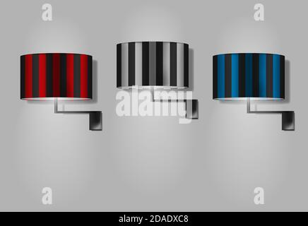 Wandlampen mit farbig gestreiften zylindrischen Lampenschirmen, Vektorgrafik. Moderne Innenraumbeleuchtung mit einleuchtendem Licht Stock Vektor