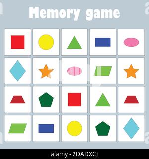 Memory-Spiel mit Bildern geometrische Formen für Kinder, Spaß Bildung Spiel für Kinder, Vorschulaktivität, Aufgabe für die Entwicklung des logischen Denkens Stock Vektor