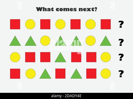 Was kommt als nächstes mit verschiedenen bunten geometrischen Formen für Kinder, Spaß Bildung Spiel für Kinder, Vorschule Arbeitsblatt Aktivität, Aufgabe für die Stock Vektor