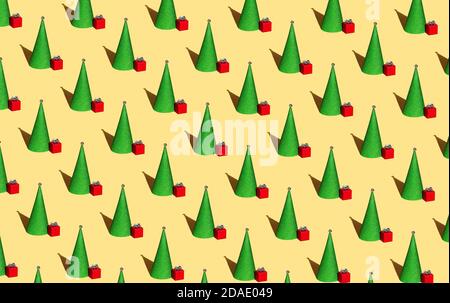 Weihnachtsmuster aus dekorativer Tannenbaum und rotes Geschenk auf Gelber Hintergrund Stockfoto
