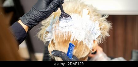 Rückansicht der Hände des Haarstylistin färben Haare von Junge Frau in weißer Farbe im Friseursalon Stockfoto