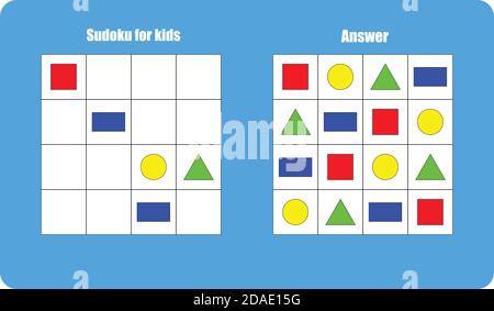 Sudoku Spiel mit Bildern geometrische Formen für Kinder, einfache Ebene, Bildung Spiel für Kinder, Vorschule Arbeitsblatt Aktivität, Aufgabe für die Entwicklung Stock Vektor