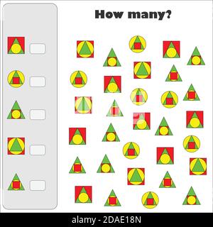 Wie viele Zählen Spiel mit geometrischen Formen für Kinder, pädagogische mathematische Aufgabe für die Entwicklung des logischen Denkens, Vorschule Arbeitsblatt Aktivität Stock Vektor