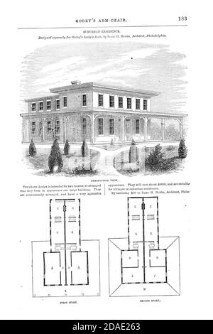 Vorstadtwohnsitz, Grundriss aus Godeys Lady's Book and Magazine, August 1864, Band LXIX, (Band 69), Philadelphia, Louis A. Godey, Sarah Josepha Hale, Stockfoto