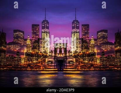 Abstraktes symmetrisches Bild von New York. Doppelbelichtung. Brooklyn Bridge, East River und Manhattan bei Nacht mit Lichtern und Reflexionen. New York City Stockfoto