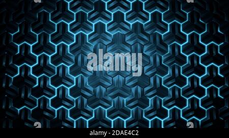 Abstrakter geometrischer Hintergrund. Abstraktes blaues Polygon in Lichtstrahlen. 3d-Illustration. Stockfoto