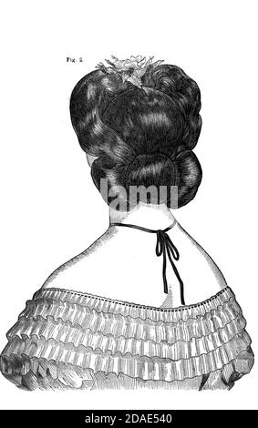 Coiffures - Frauenhairstyling aus Godeys Lady's Book and Magazine, Marc, 1864, Band LXIX, (Band 69), Philadelphia, Louis A. Godey, Sarah Josepha Hale, Stockfoto