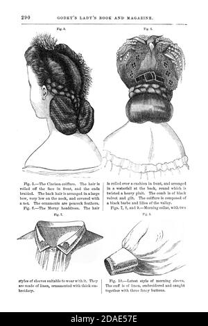 Coiffures - Frauenhairstyling aus Godeys Lady's Book and Magazine, Marc, 1864, Band LXIX, (Band 69), Philadelphia, Louis A. Godey, Sarah Josepha Hale, Stockfoto