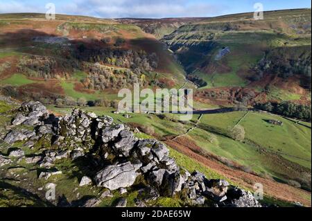 Herbstansicht von Swaledale, stromaufwärts vom Dorf Muker im Yorkshire Dales National Park, Großbritannien. Blick vom Pennine Way Trail aus gesehen. Stockfoto