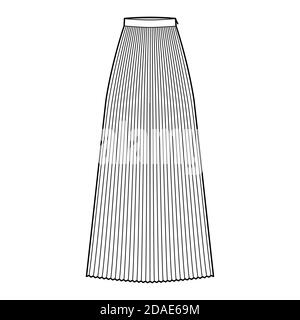 Rock Sunray Falte Maxi technische Mode Illustration mit Boden knöchellang Silhouette, kreisförmige Fülle. Flacher Boden Schablone vorne, weiße Farbe Stil. Frauen, Männer, Unisex CAD Mockup Stock Vektor