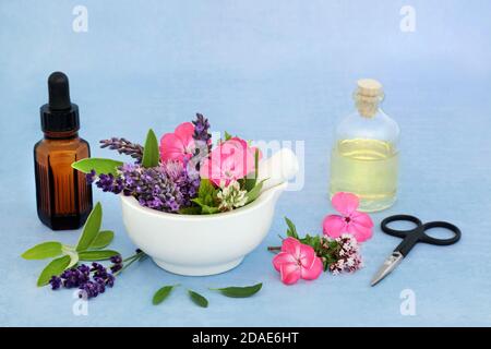 Ätherisches Öl Vorbereitung für den Einsatz in Aromatherapie & natürliche Kräutermedizin mit Sommerblumen, Kräutern und Ölflaschen. Naturheilkundliche alternative Heilen Stockfoto