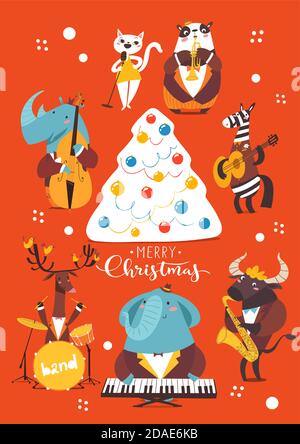 Weihnachts-Cartoon-Poster mit niedlichen Jazz-Musiker-Charaktere. Stock Vektor