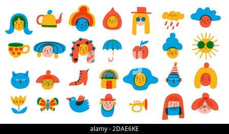 Logos und Ikonen mit Personen und Objekten in naiver Skizze Stil Stock Vektor