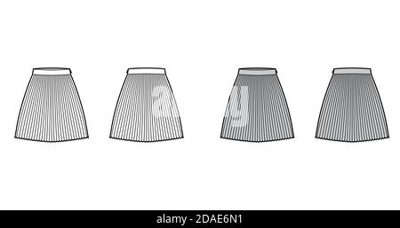 Rock Sunray Plite technische Mode Illustration mit unter-dem-Knie-Länge Silhouette, kreisförmige Fülle. Flacher Boden Schablone vorne, hinten, weiß grau Farbe Stil. Frauen, Männer, Unisex CAD Mockup Stock Vektor