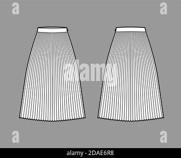Rock Sunray Falte technische Mode Illustration mit unter-dem-Knie Midi Länge Silhouette, kreisförmige Fülle. Flacher Boden Schablone vorne, hinten, weiße Farbe Stil. Frauen, Männer, Unisex CAD Mockup Stock Vektor