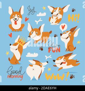 Welsh Corgi verschiedene Charaktere tun verschiedene Aktivitäten Stock Vektor