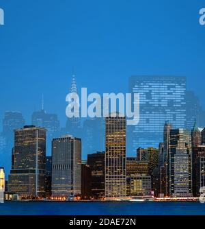 Abstraktes Doppelbelichtungsbild von Manhattan in der Abendzeit. Skyline von New York City mit Kopierfläche Stockfoto