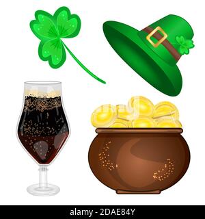 Set von St. Patrick's Day Symbole isoliert auf weißem Hintergrund. Kobold Hut, Bier, Topf mit Gold und Klee Zeichen für Banner.Stock Vektor Illustration Stock Vektor