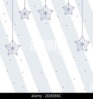 Gestreifter Hintergrund mit kleinen Kreisen und hängenden Sternen. Quadratische Rahmenschablone. Winter-Sonderangebote zu Weihnachten und Neujahr. Speicherplatz kopieren. Stock Vektor