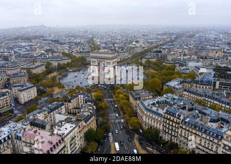 Luftaufnahme des Arc de Triomphe, Paris Stockfoto