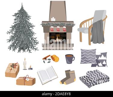 Vector gemütliche Winter Set mit Kamin, Stuhl, Geschenke, Kissen und andere hygge Dinge. Darstellung von Objekten zum Aufwärmen. Artikel für die kalte Jahreszeit isoliert auf Stock Vektor