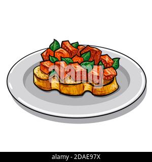 Illustration der traditionellen italienischen Bruschetta mit Tomaten und Kräutern Stock Vektor